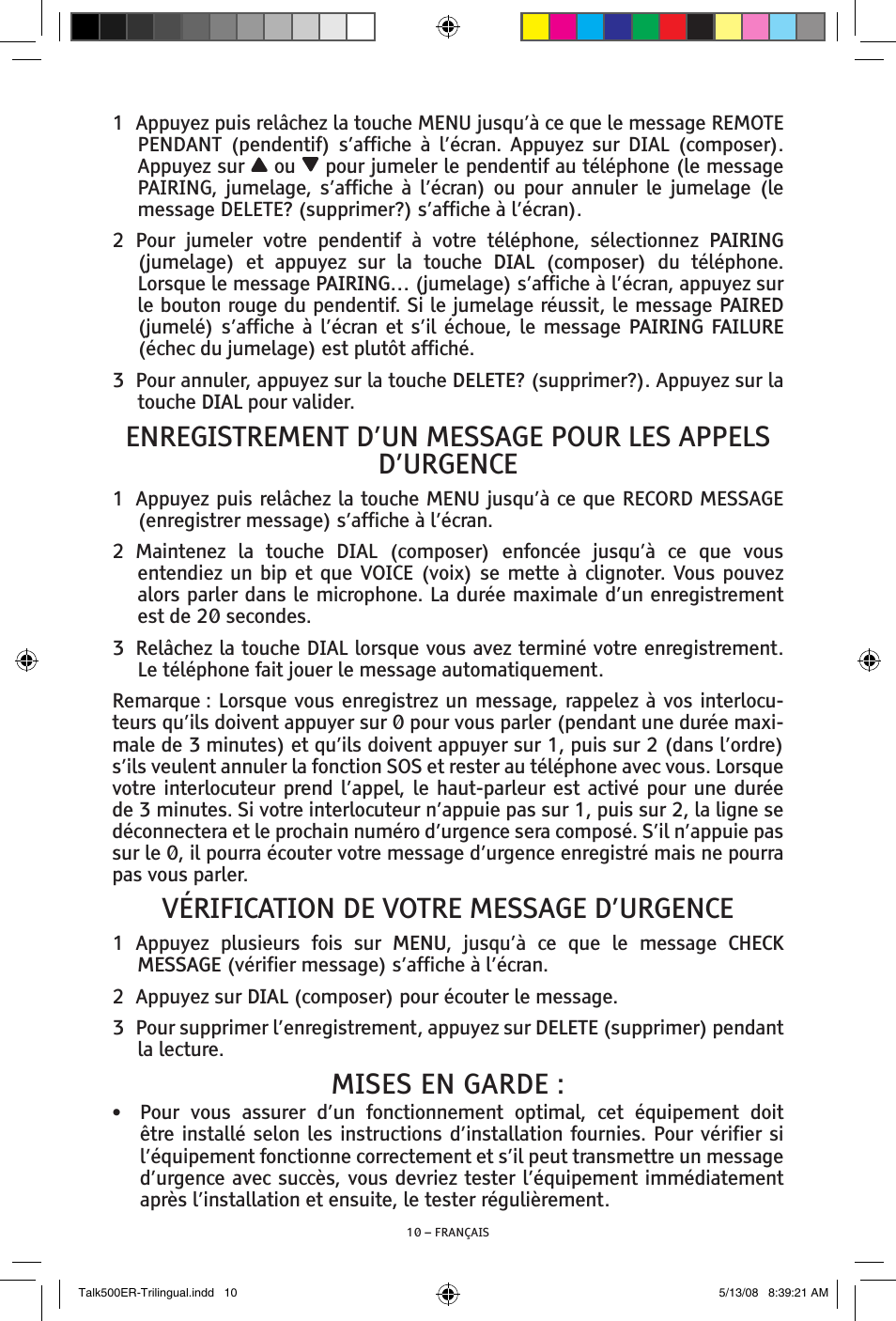 Vérification de votre message d’urgence, Mises en garde | ClearSounds TALK500 ER User Manual | Page 52 / 64