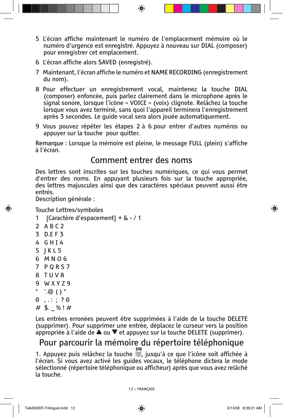 Comment entrer des noms | ClearSounds TALK500 ER User Manual | Page 54 / 64
