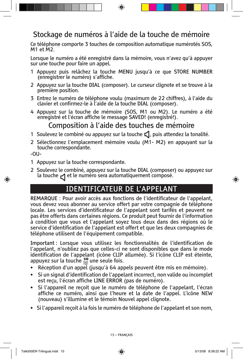 Composition à l’aide des touches de mémoire, Identificateur de l’appelant | ClearSounds TALK500 ER User Manual | Page 57 / 64
