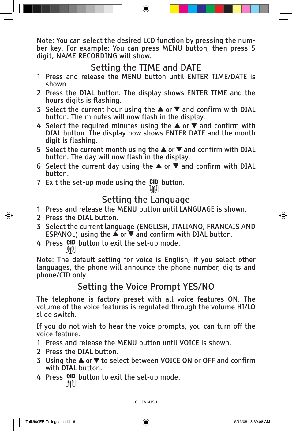 Setting the time and date, Setting the language, Setting the voice prompt yes/no | ClearSounds TALK500 ER User Manual | Page 6 / 64