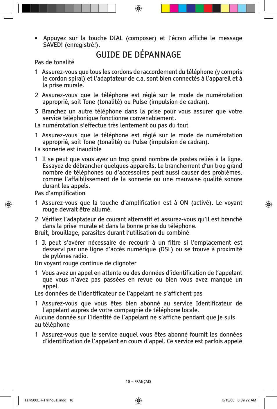 Guide de dépannage | ClearSounds TALK500 ER User Manual | Page 60 / 64