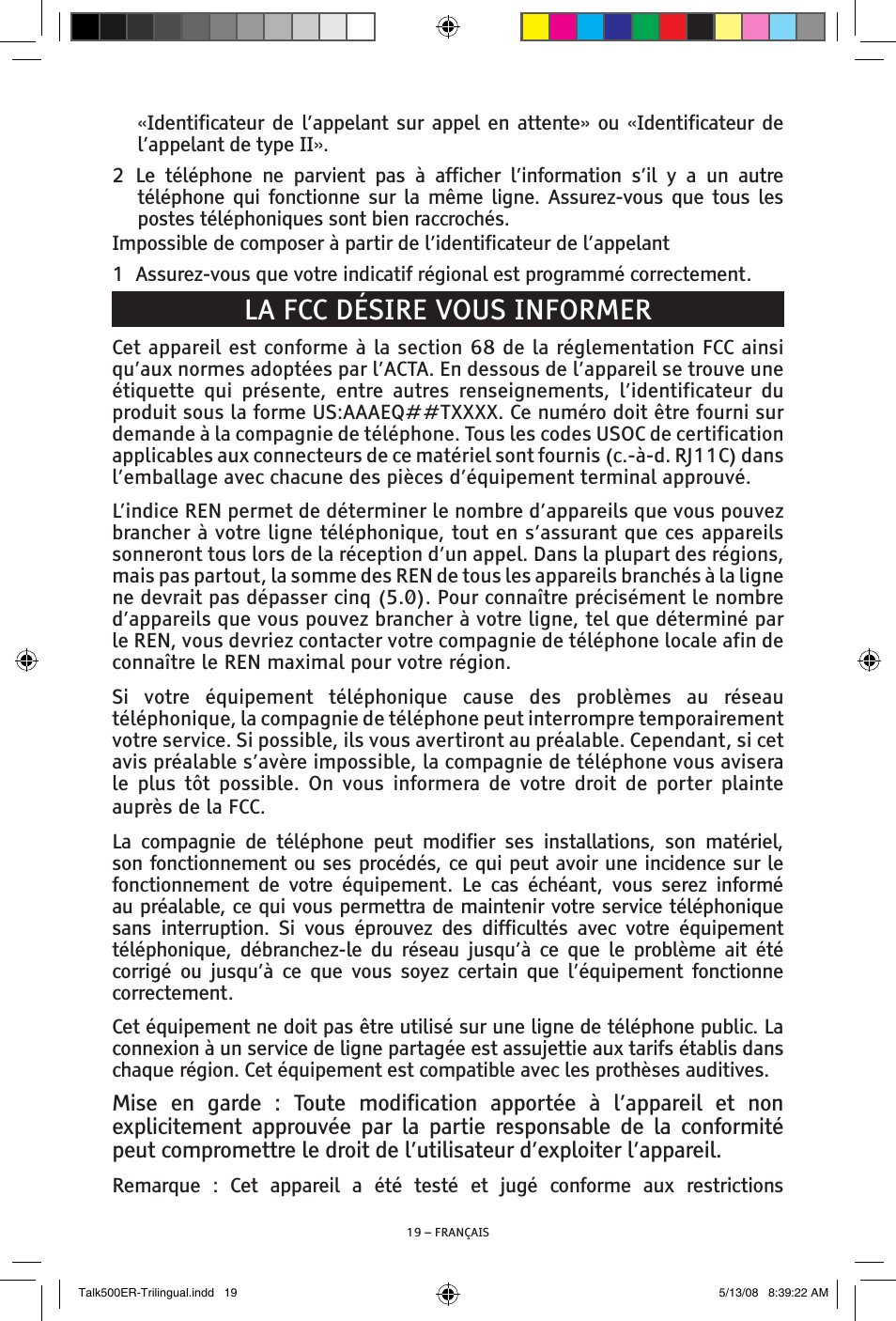 La fcc désire vous informer | ClearSounds TALK500 ER User Manual | Page 61 / 64