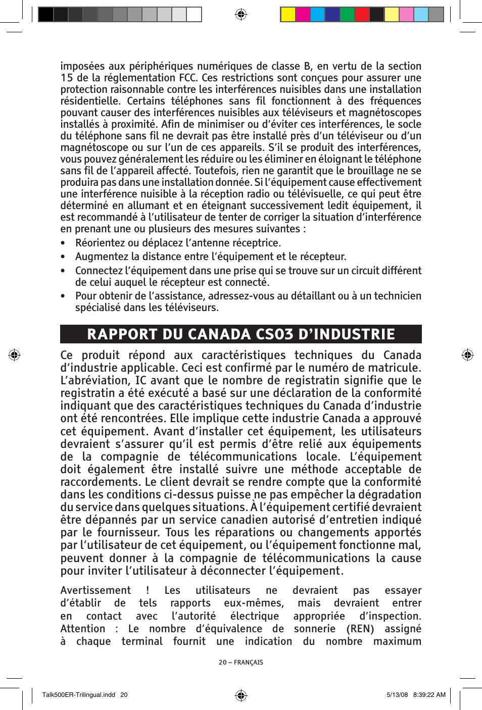 Rapport du canada cs03 d’industrie | ClearSounds TALK500 ER User Manual | Page 62 / 64
