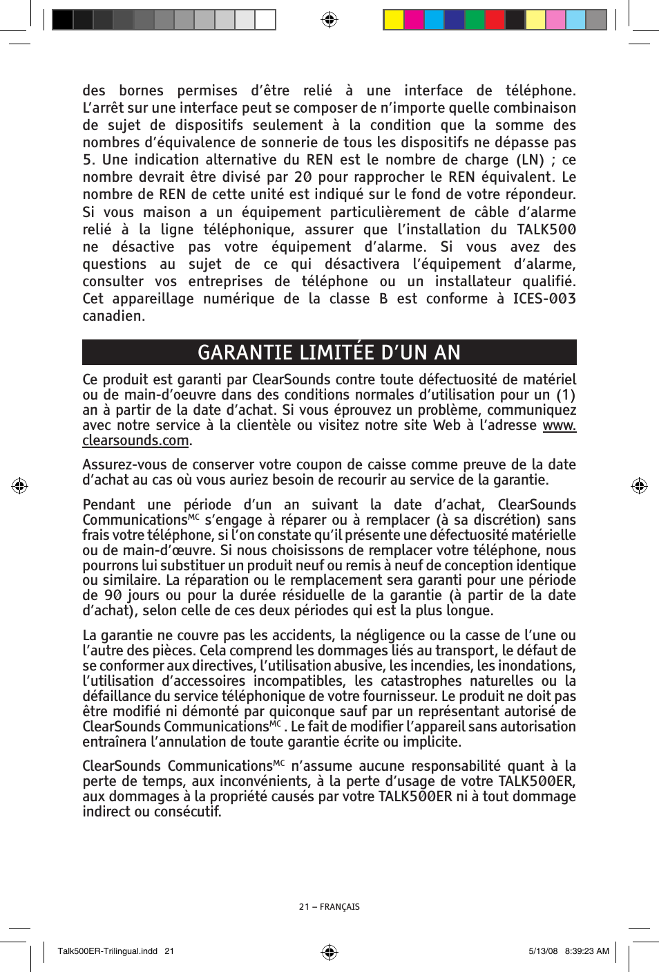 Garantie limitée d’un an | ClearSounds TALK500 ER User Manual | Page 63 / 64