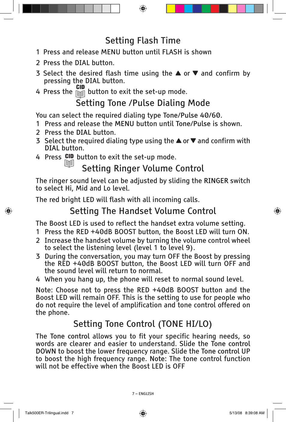 Setting flash time, Setting tone /pulse dialing mode, Setting ringer volume control | Setting the handset volume control, Setting tone control (tone hi/lo) | ClearSounds TALK500 ER User Manual | Page 7 / 64