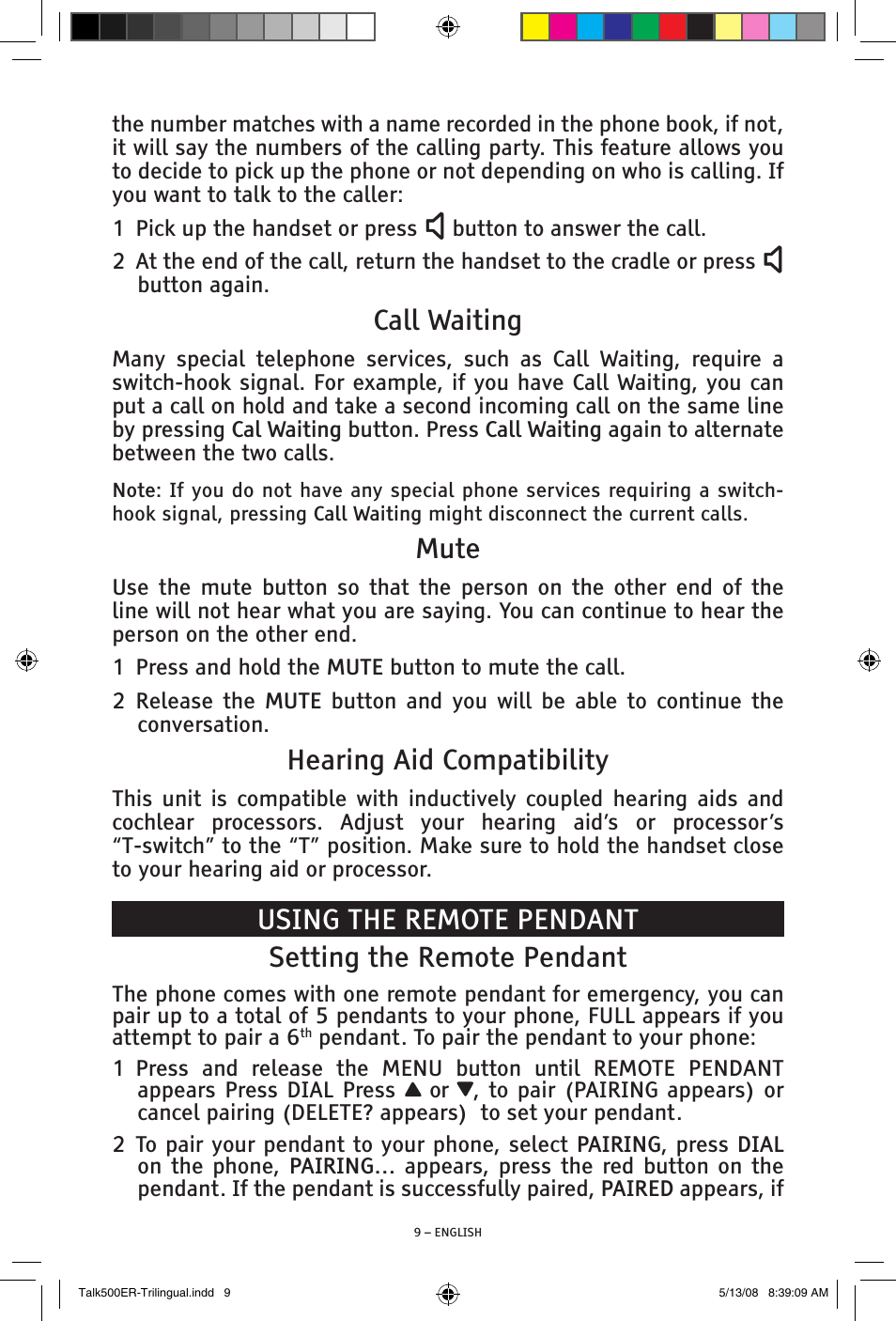 Call waiting, Mute, Hearing aid compatibility | ClearSounds TALK500 ER User Manual | Page 9 / 64