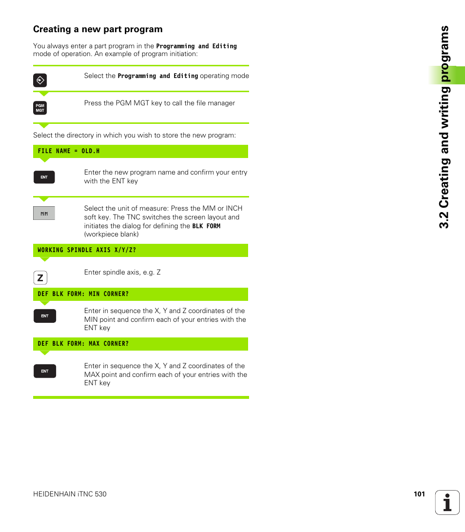 Creating a new part program, 2 cr eating and wr iting pr ogr a ms | HEIDENHAIN iTNC 530 (60642x-03) ISO programming User Manual | Page 101 / 656