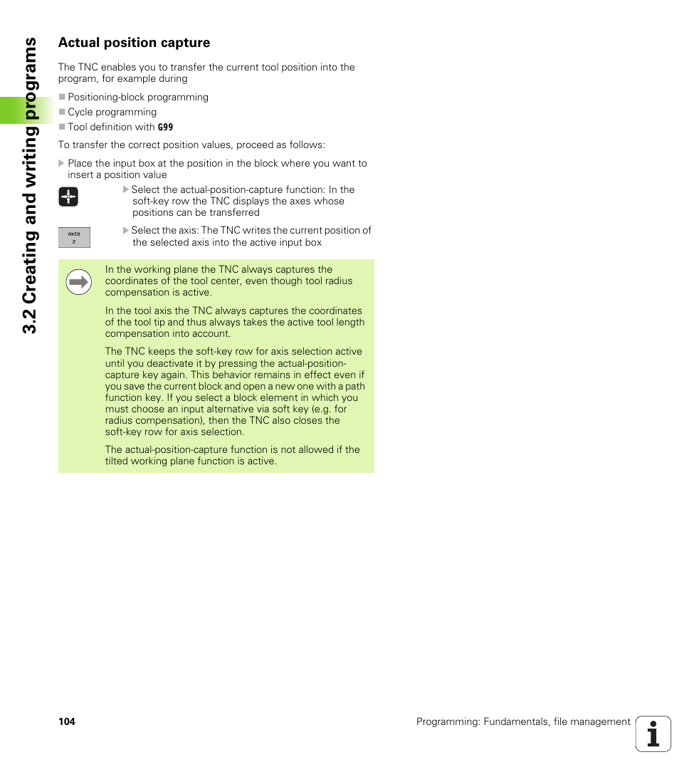 Actual position capture, 2 cr eating and wr iting pr ogr a ms | HEIDENHAIN iTNC 530 (60642x-03) ISO programming User Manual | Page 104 / 656