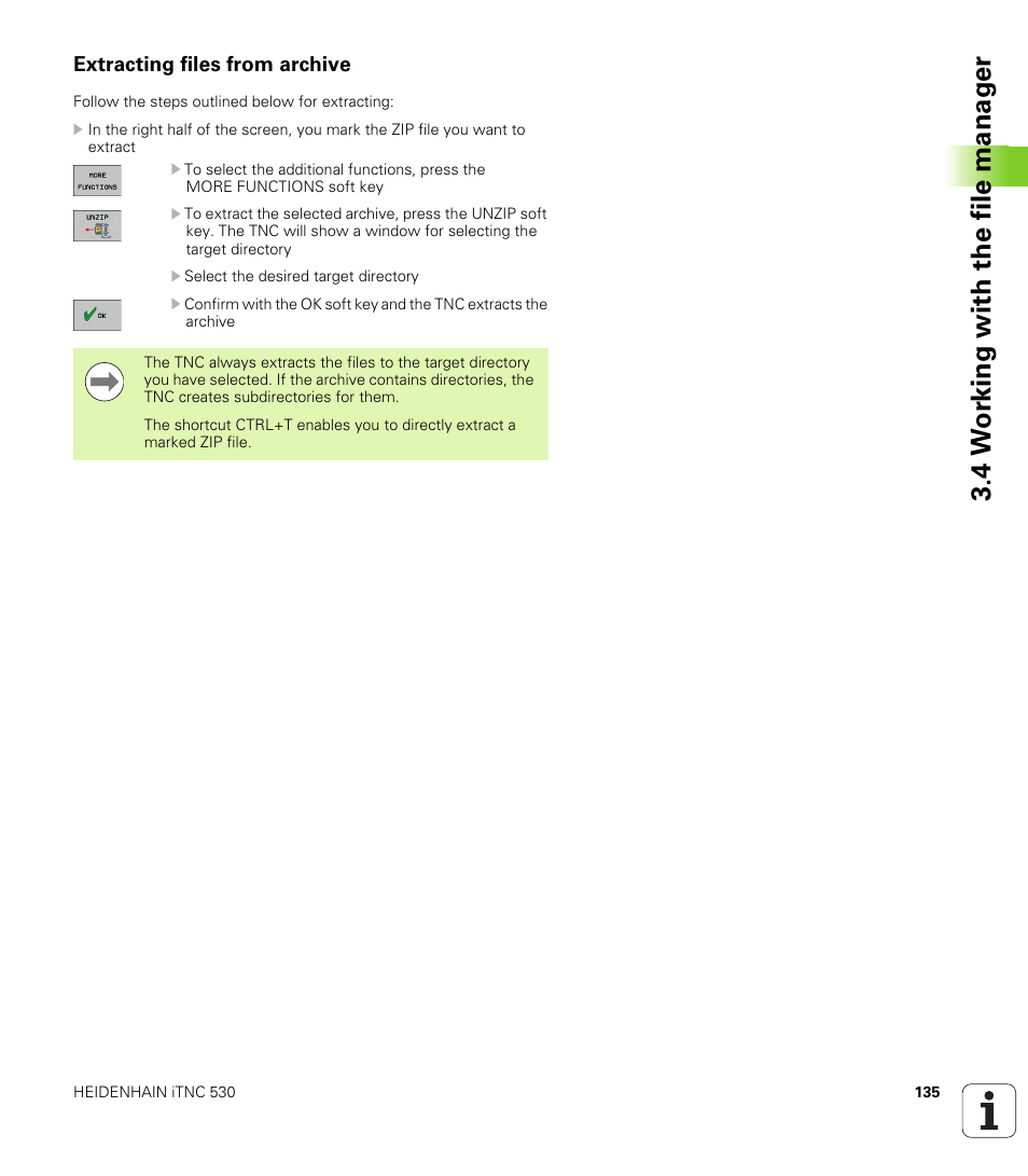 Extracting files from archive, 4 w o rk ing with the file manag e r | HEIDENHAIN iTNC 530 (60642x-03) ISO programming User Manual | Page 135 / 656
