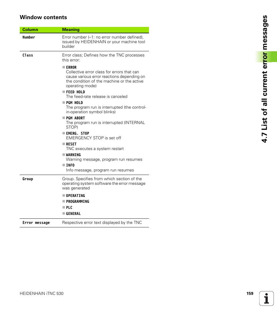 Window contents, 7 list of all cur rent er ro r messag es | HEIDENHAIN iTNC 530 (60642x-03) ISO programming User Manual | Page 159 / 656
