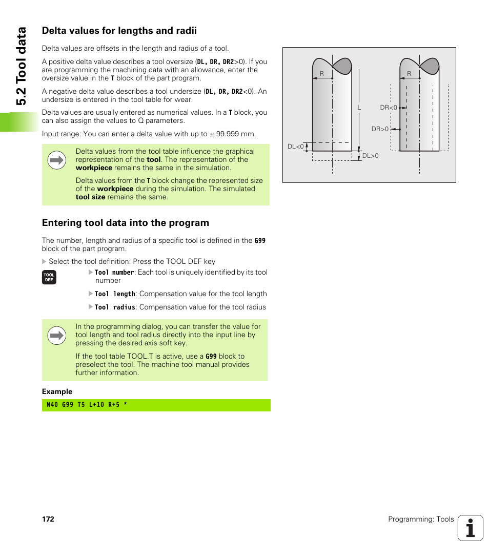Delta values for lengths and radii, Entering tool data into the program, 2 t ool data | HEIDENHAIN iTNC 530 (60642x-03) ISO programming User Manual | Page 172 / 656