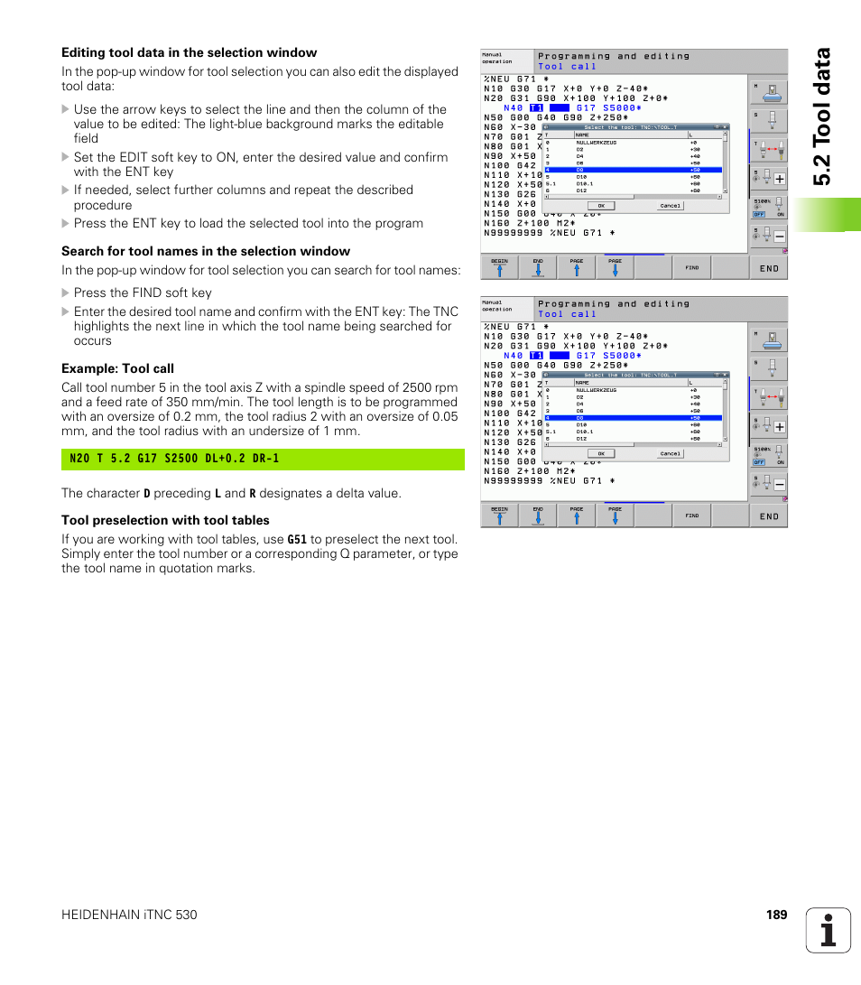 2 t ool data | HEIDENHAIN iTNC 530 (60642x-03) ISO programming User Manual | Page 189 / 656