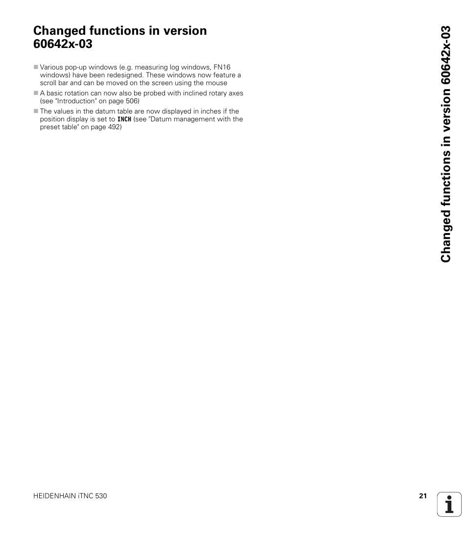 Changed functions in version 60642x-03 | HEIDENHAIN iTNC 530 (60642x-03) ISO programming User Manual | Page 21 / 656
