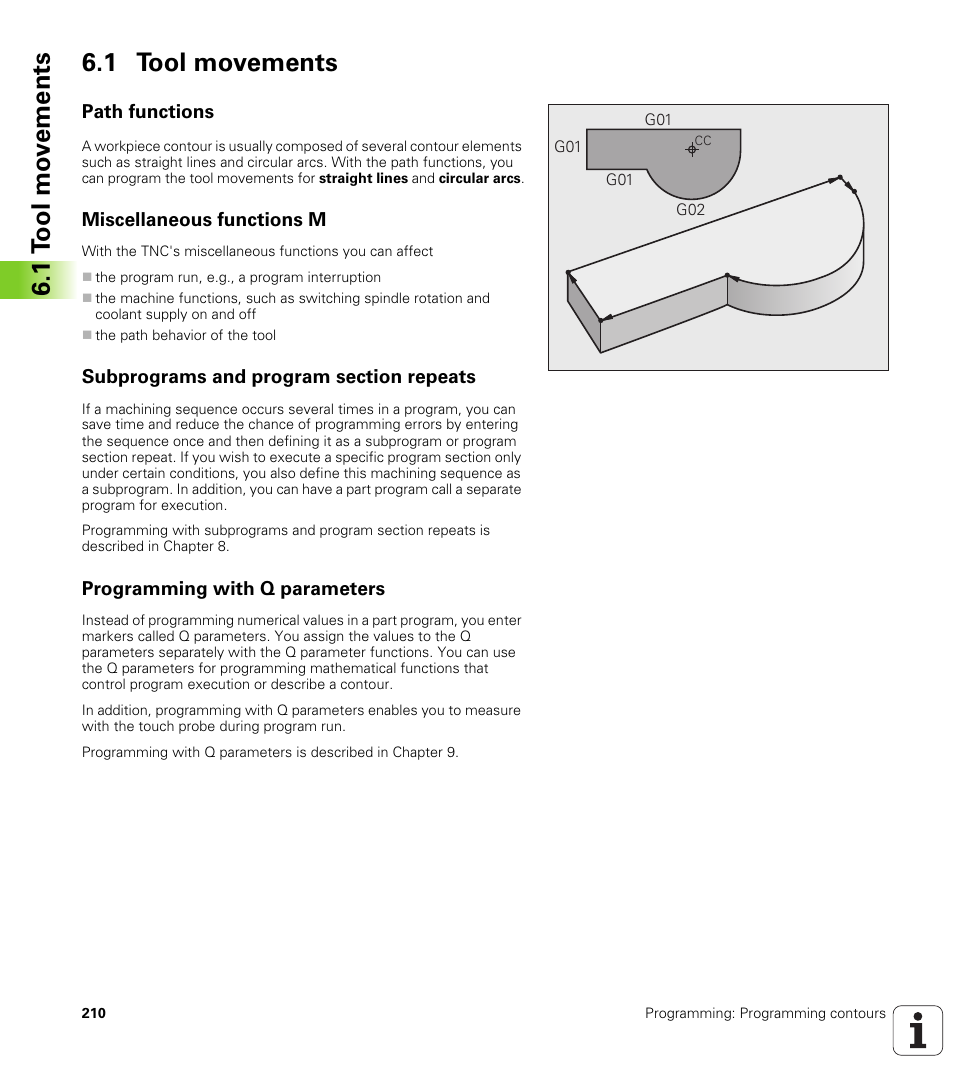 1 tool movements, Path functions, Miscellaneous functions m | Subprograms and program section repeats, Programming with q parameters, 1 t ool mo v e ments 6.1 tool movements | HEIDENHAIN iTNC 530 (60642x-03) ISO programming User Manual | Page 210 / 656