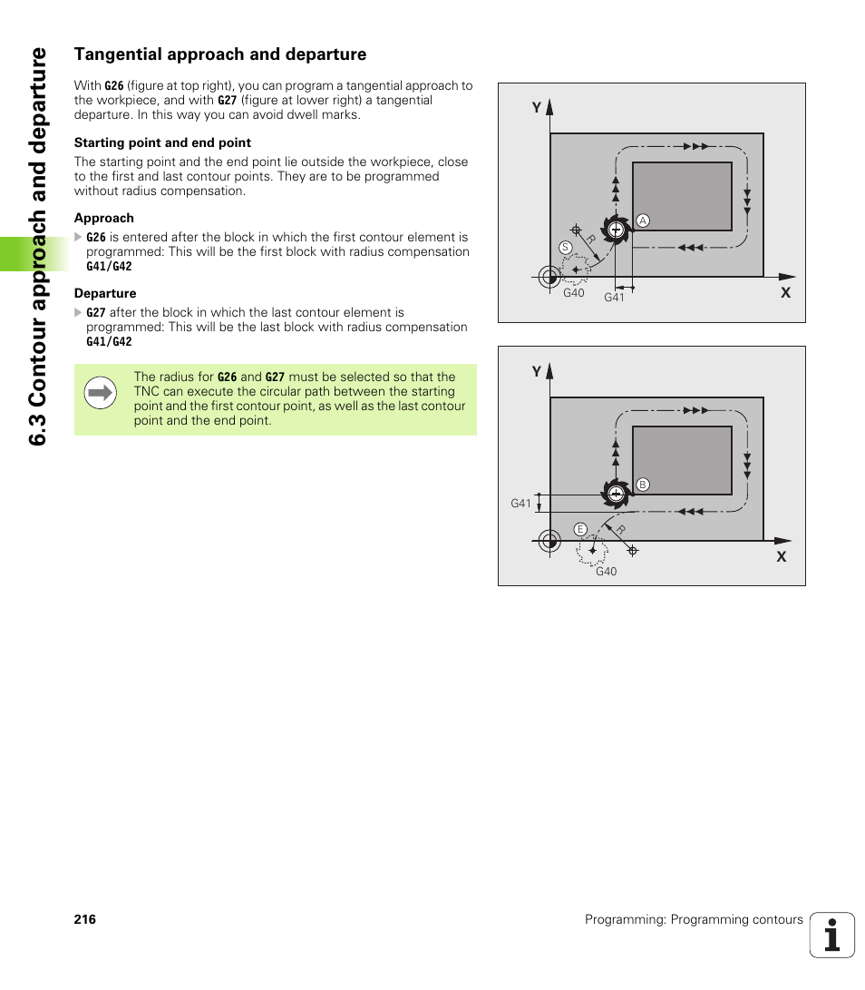 Tangential approach and departure, 3 cont our appr oac h and depar tur e | HEIDENHAIN iTNC 530 (60642x-03) ISO programming User Manual | Page 216 / 656