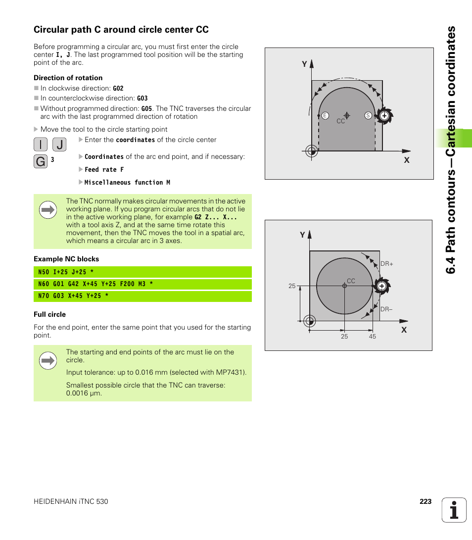 Circular path c around circle center cc, 4 p a th cont ours—car te sian coor dinat e s | HEIDENHAIN iTNC 530 (60642x-03) ISO programming User Manual | Page 223 / 656