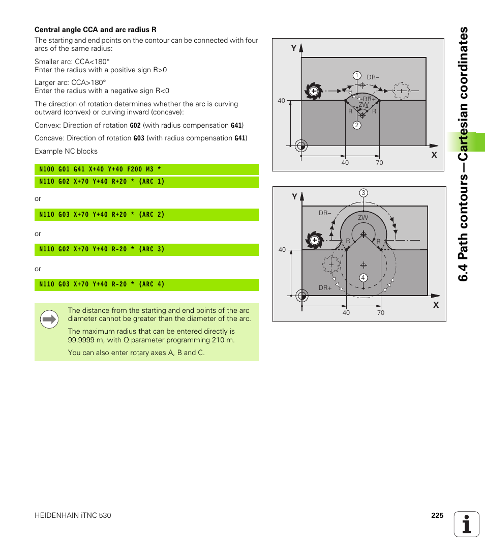 4 p a th cont ours—car te sian coor dinat e s | HEIDENHAIN iTNC 530 (60642x-03) ISO programming User Manual | Page 225 / 656