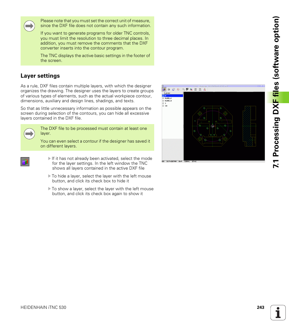 Layer settings, 1 pr ocessing dxf files (sof tw ar e option) | HEIDENHAIN iTNC 530 (60642x-03) ISO programming User Manual | Page 243 / 656