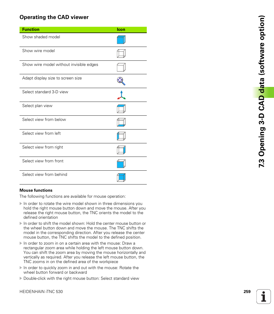 Operating the cad viewer, 3 opening 3-d cad data (sof tw ar e option) | HEIDENHAIN iTNC 530 (60642x-03) ISO programming User Manual | Page 259 / 656