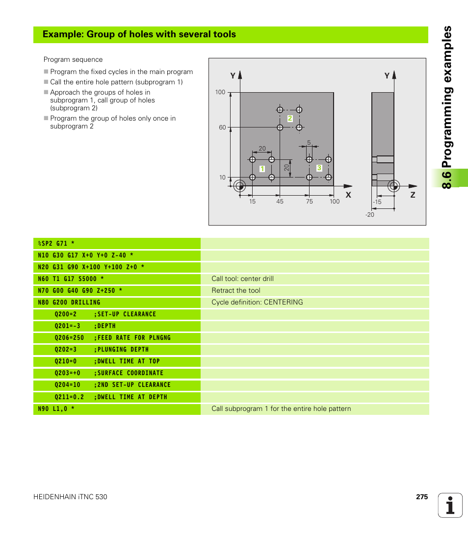 6 pr ogr amming examples, Example: group of holes with several tools | HEIDENHAIN iTNC 530 (60642x-03) ISO programming User Manual | Page 275 / 656