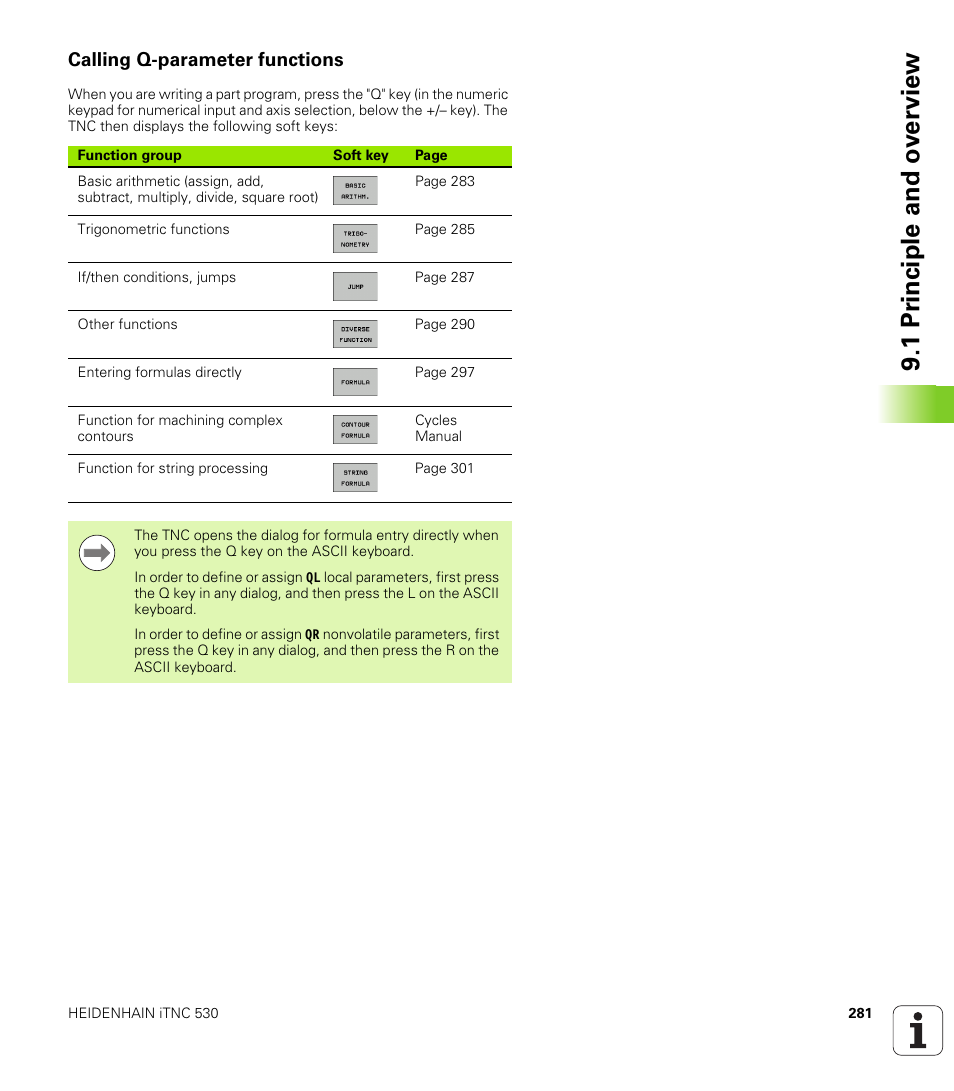 Calling q-parameter functions, 1 pr inciple and o v erview | HEIDENHAIN iTNC 530 (60642x-03) ISO programming User Manual | Page 281 / 656