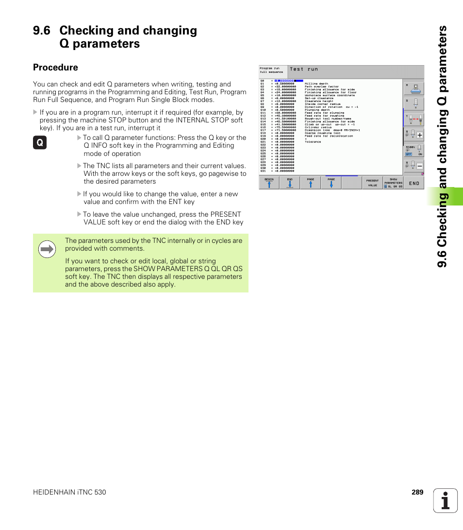 6 checking and changing q parameters, Procedure | HEIDENHAIN iTNC 530 (60642x-03) ISO programming User Manual | Page 289 / 656