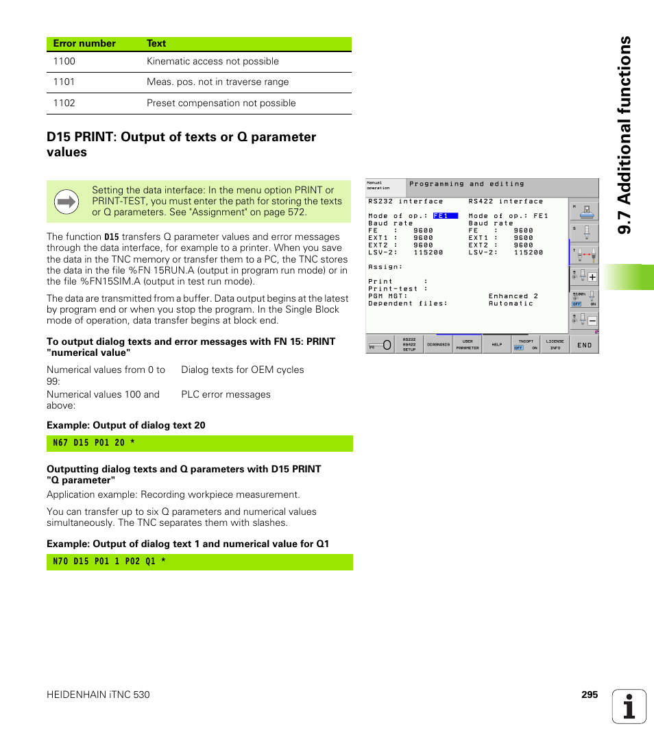 D15 print: output of texts or q parameter values, 7 a d ditional functions | HEIDENHAIN iTNC 530 (60642x-03) ISO programming User Manual | Page 295 / 656