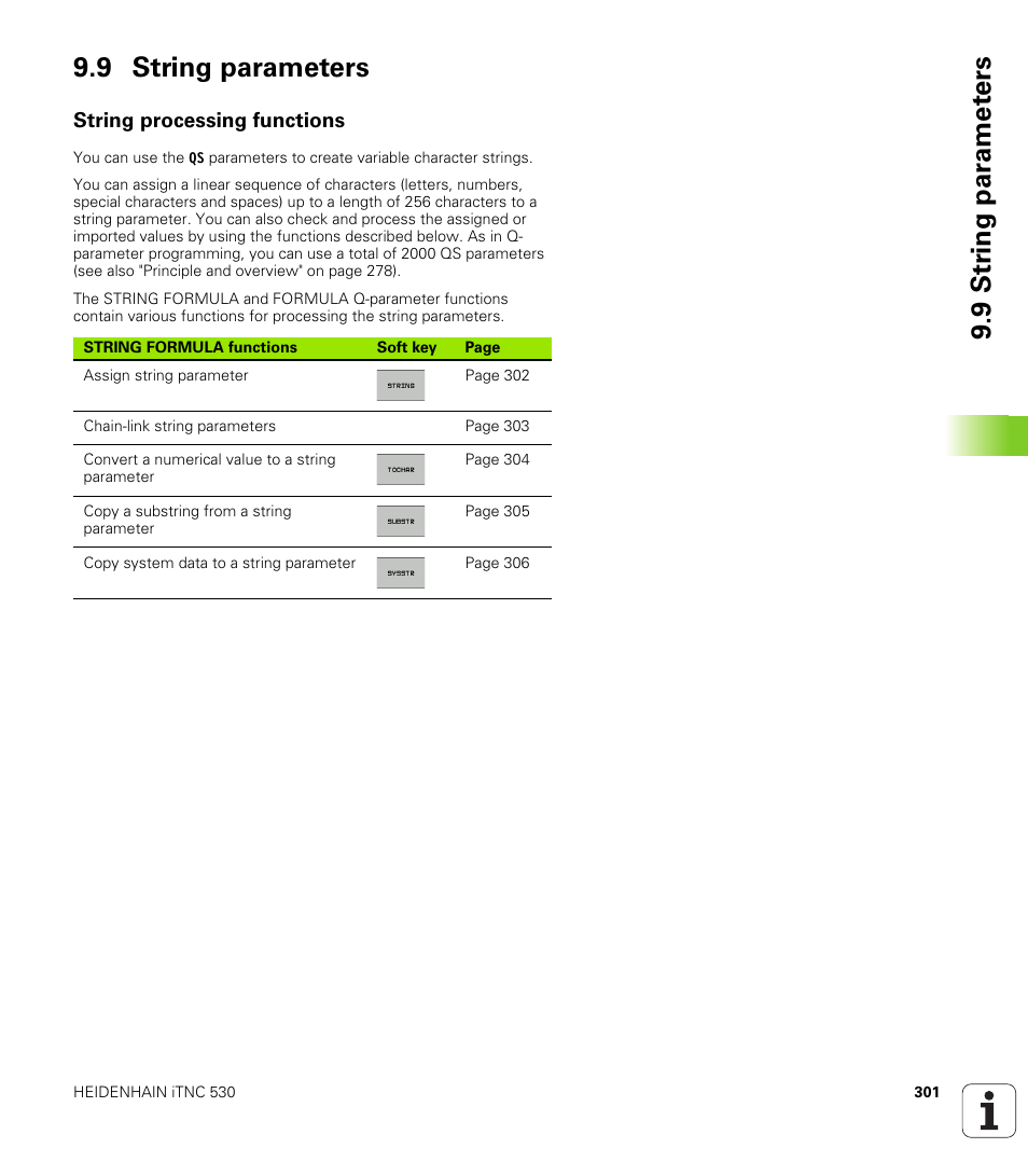 9 string parameters, String processing functions, 9 str ing par a met e rs 9.9 string parameters | HEIDENHAIN iTNC 530 (60642x-03) ISO programming User Manual | Page 301 / 656