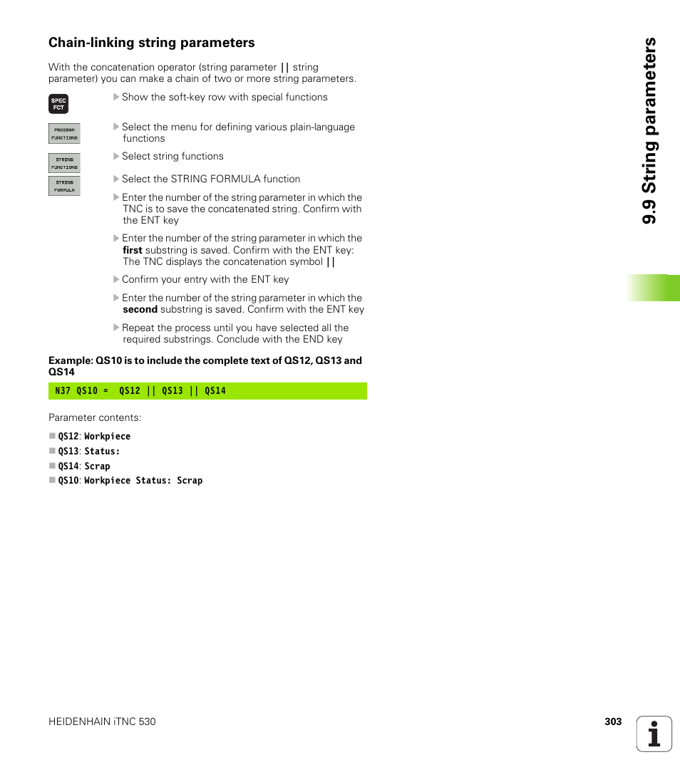 Chain-linking string parameters, 9 str ing par a met e rs | HEIDENHAIN iTNC 530 (60642x-03) ISO programming User Manual | Page 303 / 656