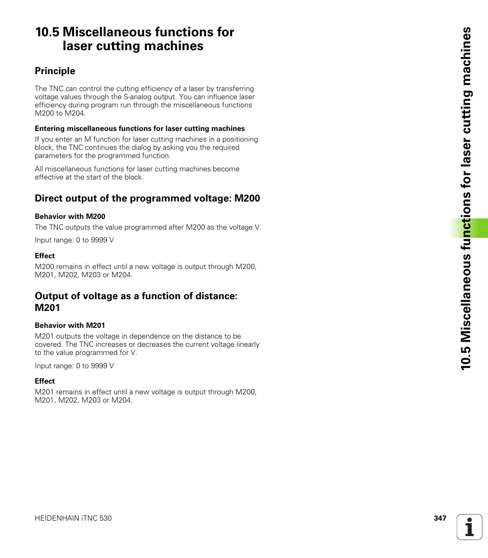 Principle, Direct output of the programmed voltage: m200, Output of voltage as a function of distance: m201 | HEIDENHAIN iTNC 530 (60642x-03) ISO programming User Manual | Page 347 / 656