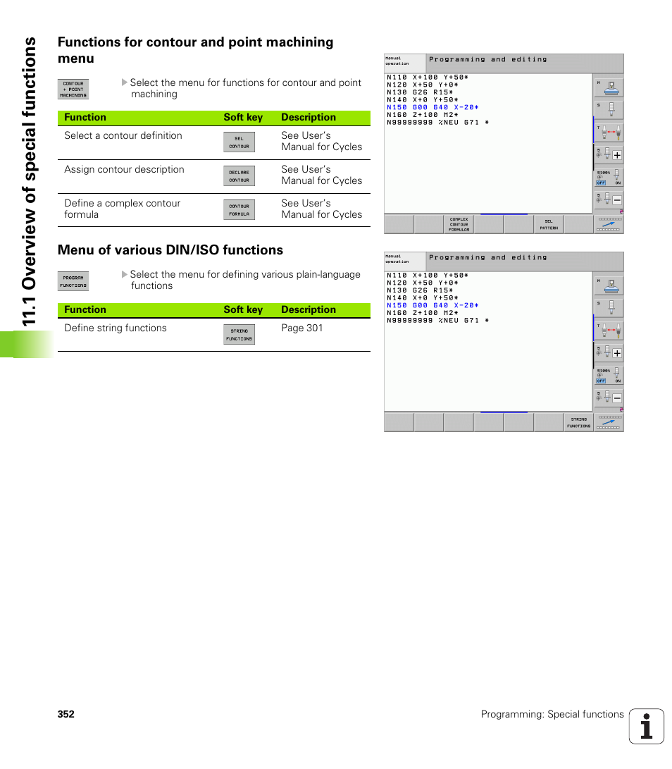 Functions for contour and point machining menu, Menu of various din/iso functions, 1 ov erview of special functions | HEIDENHAIN iTNC 530 (60642x-03) ISO programming User Manual | Page 352 / 656
