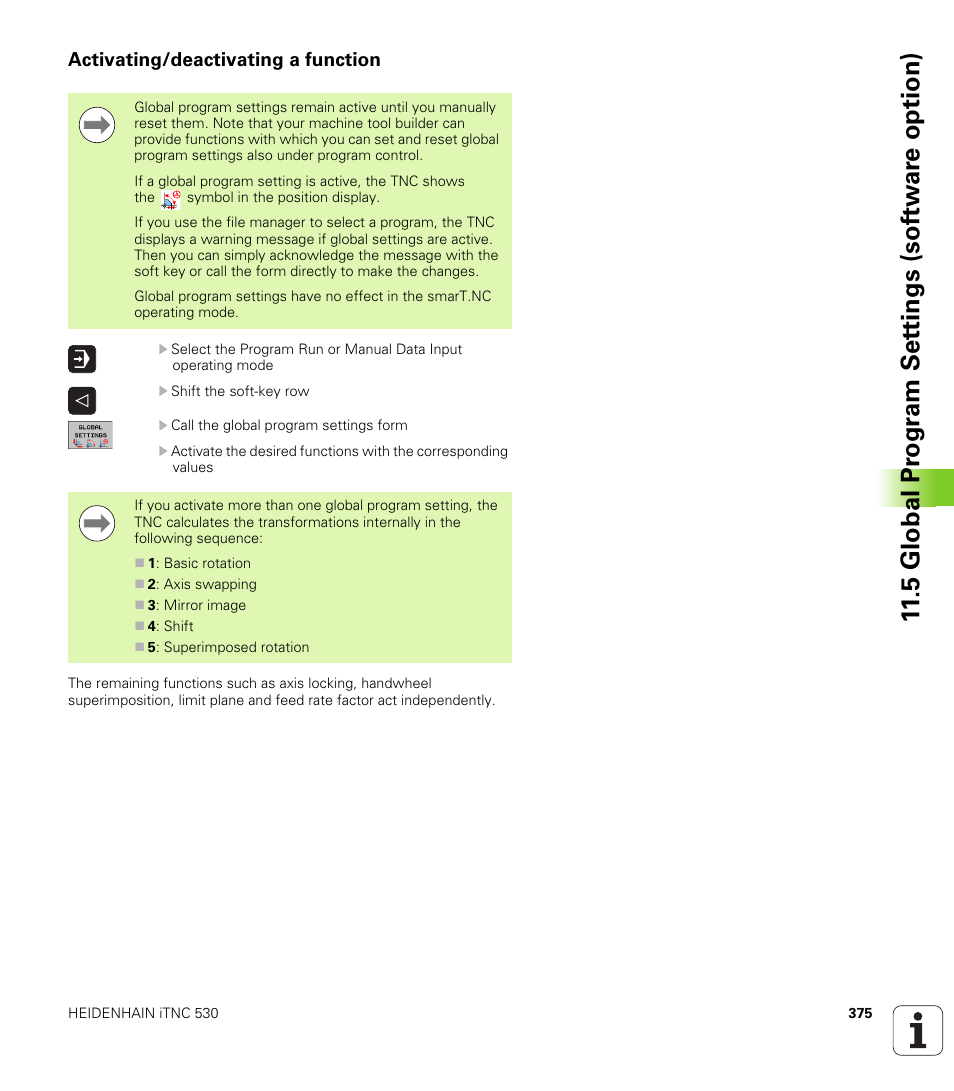Activating/deactivating a function, 5 global pr ogr a m set tings (sof tw ar e option) | HEIDENHAIN iTNC 530 (60642x-03) ISO programming User Manual | Page 375 / 656