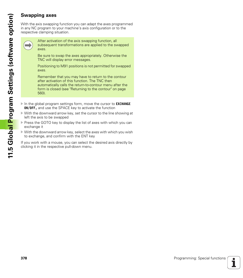 Swapping axes, 5 global pr ogr a m set tings (sof tw ar e option) | HEIDENHAIN iTNC 530 (60642x-03) ISO programming User Manual | Page 378 / 656