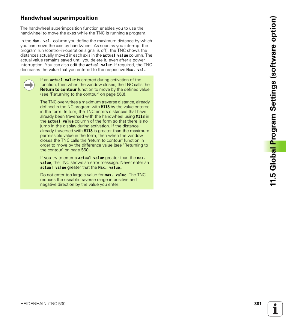 Handwheel superimposition, 5 global pr ogr a m set tings (sof tw ar e option) | HEIDENHAIN iTNC 530 (60642x-03) ISO programming User Manual | Page 381 / 656