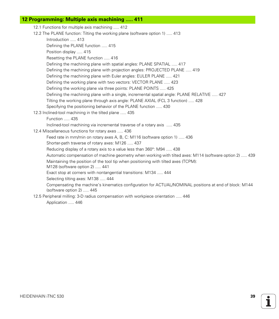 12 programming: multiple axis machining | HEIDENHAIN iTNC 530 (60642x-03) ISO programming User Manual | Page 39 / 656