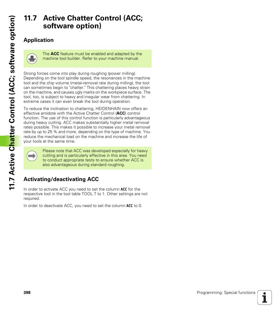 7 active chatter control (acc; software option), Application, Activating/deactivating acc | HEIDENHAIN iTNC 530 (60642x-03) ISO programming User Manual | Page 398 / 656