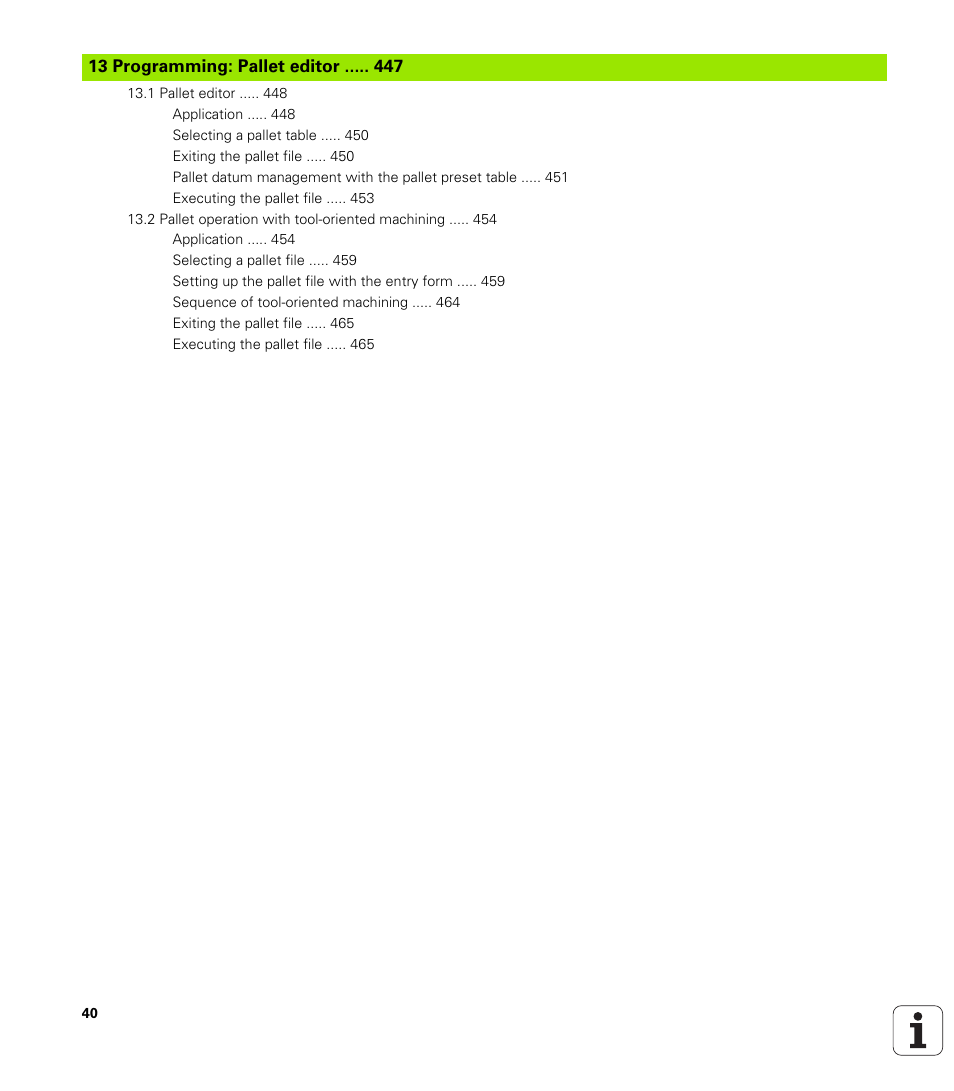 13 programming: pallet editor | HEIDENHAIN iTNC 530 (60642x-03) ISO programming User Manual | Page 40 / 656