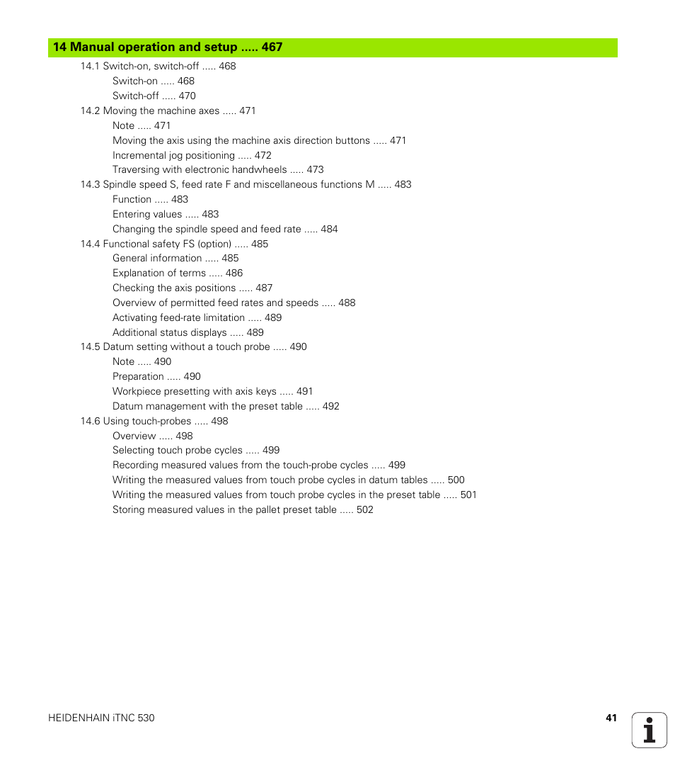 14 manual operation and setup | HEIDENHAIN iTNC 530 (60642x-03) ISO programming User Manual | Page 41 / 656