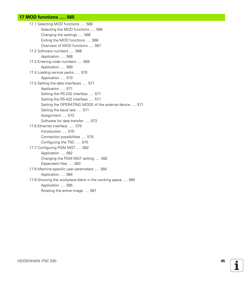 17 mod functions | HEIDENHAIN iTNC 530 (60642x-03) ISO programming User Manual | Page 45 / 656