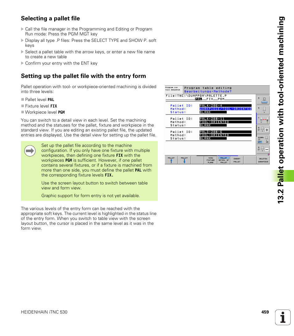 Selecting a pallet file, Setting up the pallet file with the entry form | HEIDENHAIN iTNC 530 (60642x-03) ISO programming User Manual | Page 459 / 656