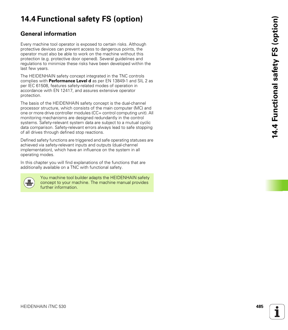 4 functional safety fs (option), General information | HEIDENHAIN iTNC 530 (60642x-03) ISO programming User Manual | Page 485 / 656