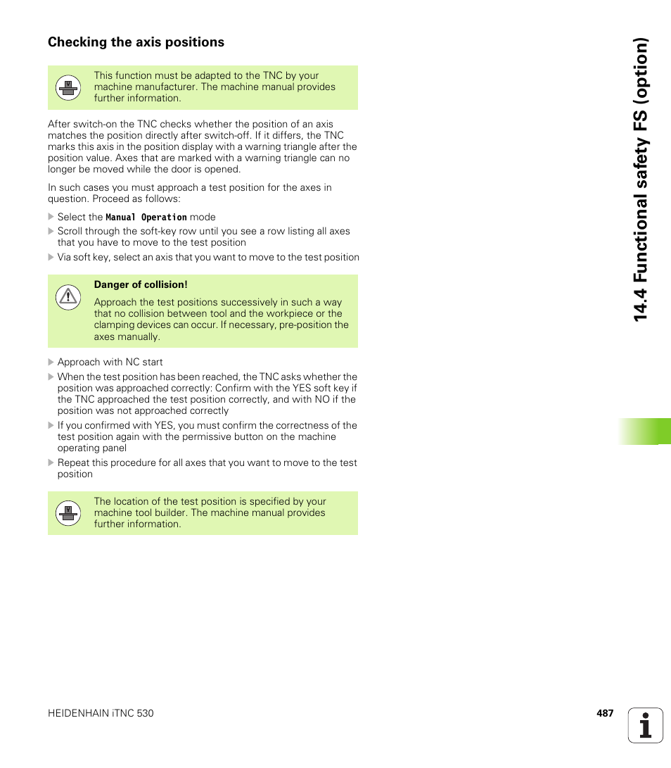 Checking the axis positions, 4 f u nctional saf e ty fs (option) | HEIDENHAIN iTNC 530 (60642x-03) ISO programming User Manual | Page 487 / 656