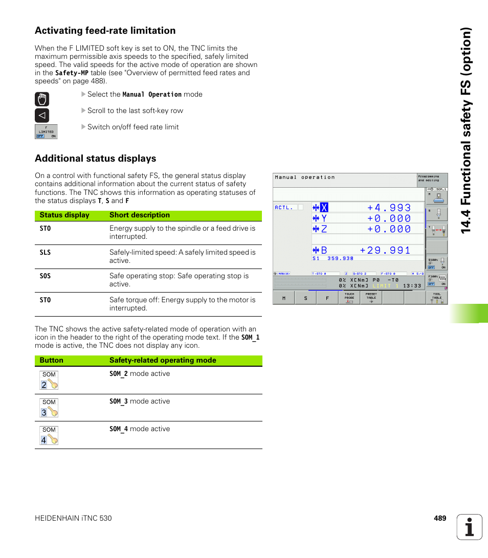 Activating feed-rate limitation, Additional status displays, 4 f u nctional saf e ty fs (option) | HEIDENHAIN iTNC 530 (60642x-03) ISO programming User Manual | Page 489 / 656