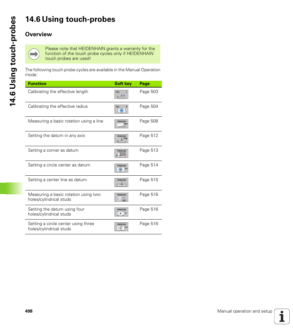 6 using touch-probes, Overview, 6 using t o uc h-pr obes 14.6 using touch-probes | HEIDENHAIN iTNC 530 (60642x-03) ISO programming User Manual | Page 498 / 656