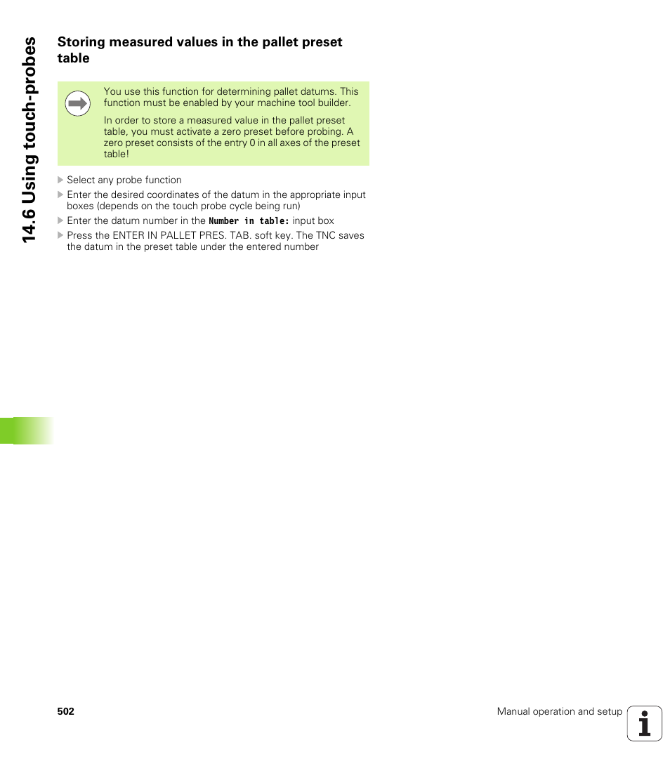 Storing measured values in the pallet preset table, 6 using t o uc h-pr obes | HEIDENHAIN iTNC 530 (60642x-03) ISO programming User Manual | Page 502 / 656
