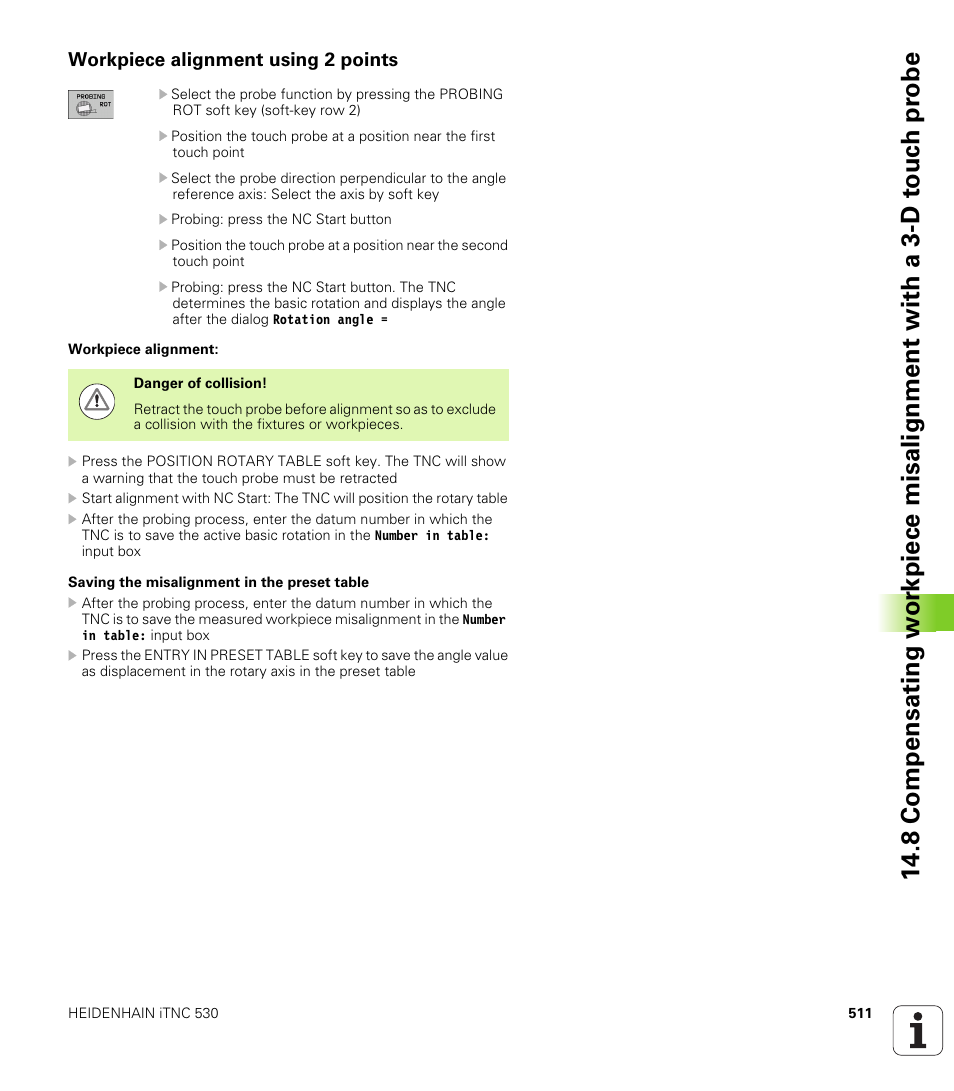 Workpiece alignment using 2 points | HEIDENHAIN iTNC 530 (60642x-03) ISO programming User Manual | Page 511 / 656