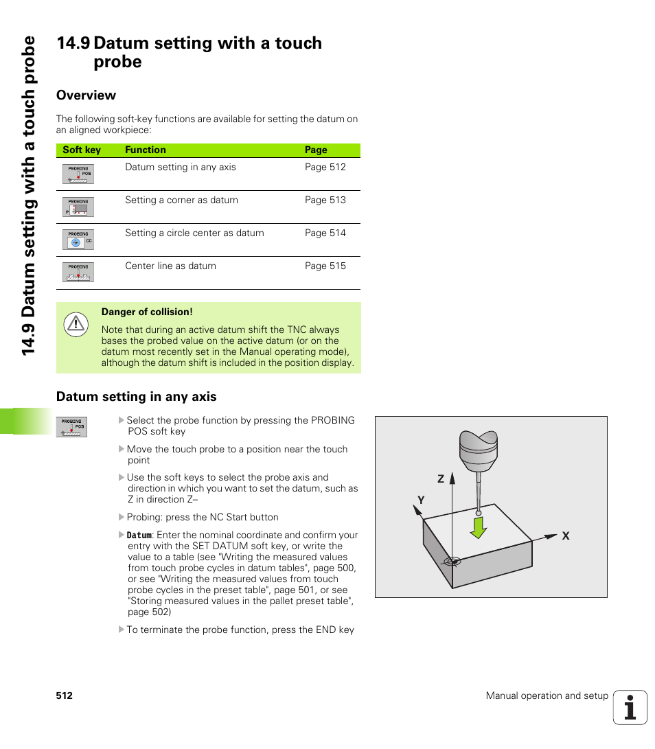 9 datum setting with a touch probe, Overview, Datum setting in any axis | HEIDENHAIN iTNC 530 (60642x-03) ISO programming User Manual | Page 512 / 656