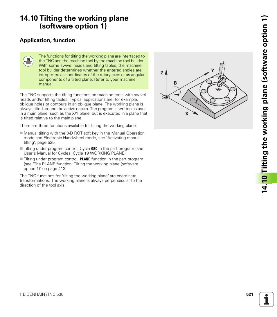 10 tilting the working plane (software option 1), Application, function | HEIDENHAIN iTNC 530 (60642x-03) ISO programming User Manual | Page 521 / 656