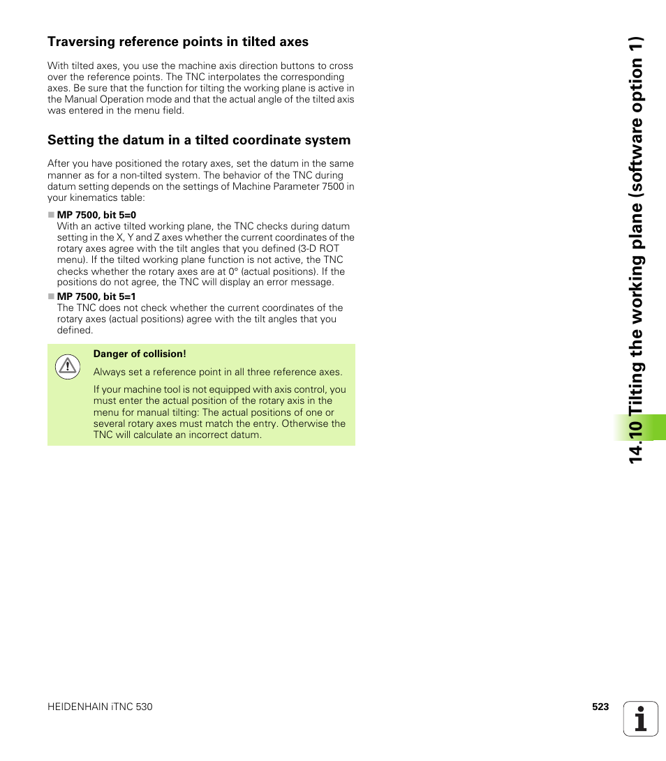 Traversing reference points in tilted axes, Setting the datum in a tilted coordinate system | HEIDENHAIN iTNC 530 (60642x-03) ISO programming User Manual | Page 523 / 656