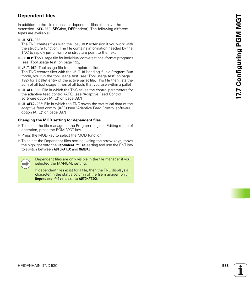 Dependent files, 7 configur ing pgm mgt | HEIDENHAIN iTNC 530 (60642x-03) ISO programming User Manual | Page 583 / 656